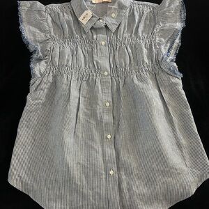 Olivaceous Blue and White Striped Smocked Button-Down Top
